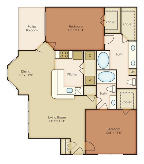 Floor plan for 2 beds, 2 baths, 1138 sqft